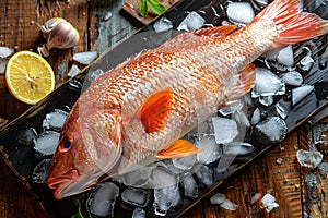 Whole red snapper fish on ice, top view.