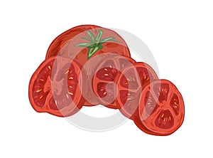 Whole ripe fruit, half and slices of sweet red tomato with peduncle. Composition with fresh organic vegetables. Colored