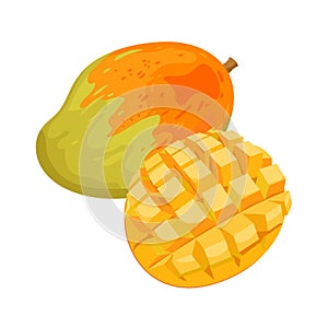 Whole ripe mango and cut in half with cubic slices, organic fruit with sweet pieces