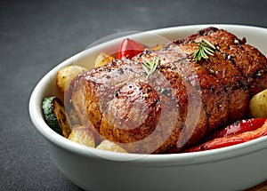 whole roast pork and vegetables