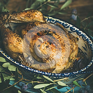 Whole roasted chicken with garlic over wooden background, square crop