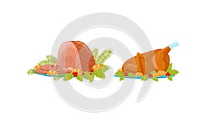 Whole Roasted Chicken and Ham Served on Plate with Orange Slices as Traditional Christmas Eve Dinner Vector Set