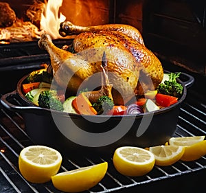 Whole roasted chicken with vegetables The character and all objects are fictitious, the image was created using the neural