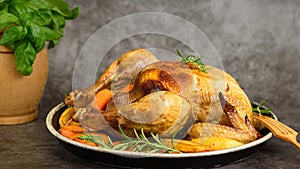 Whole roasted chicken with vegetables. Close up