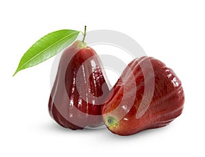 Whole rose apple or chomphu with green leaf isolated on white background