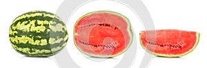 A whole round watermelon, half a watermelon and a cut watermelon slice. Concept. Isolated on white background