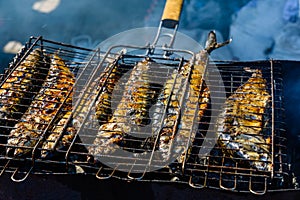 Whole scomber fish cooking in a metal grate grill