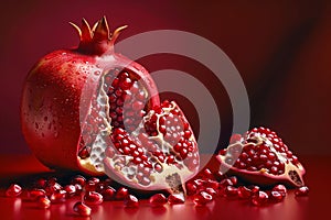 Whole and segmented pomegranates with scattered seeds photo