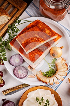 Whole and slice fat bacon