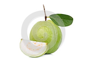 Whole and slice guava fruit with green leaf isolated on white