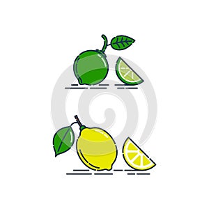 Whole and slice in half lemon and lime fruit isolated on white background. Organic product. Bright summer harvest illustration.