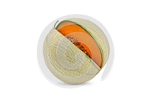 Whole and slice of japanese melons, orange melon or cantaloupe melon with seeds isolated on white background