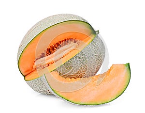 Whole and slice of japanese melons, orange melon or cantaloupe melon with slice isolated on white