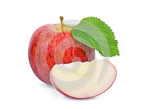 Whole and slice red apple with green leaf isolated on white