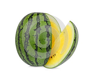 Whole and slice yellow watermelon isolated on white