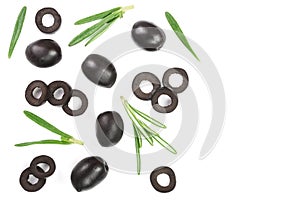 Whole and sliced black olives with rosemary leaves isolated on white background. Top view. Flat lay pattern