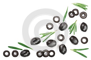 Whole and sliced black olives with rosemary leaves isolated on white background. Top view. Flat lay pattern