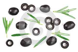 Whole and sliced black olives with rosemary leaves isolated on white background. Top view. Flat lay pattern