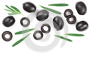 Whole and sliced black olives with rosemary leaves isolated on white background. Top view. Flat lay pattern