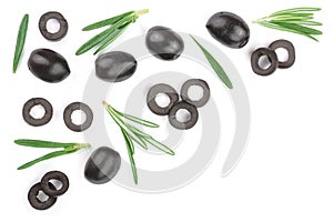 Whole and sliced black olives with rosemary leaves isolated on white background. Top view. Flat lay pattern