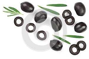 Whole and sliced black olives with rosemary leaves isolated on white background. Top view. Flat lay pattern