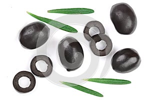 Whole and sliced black olives with rosemary leaves isolated on white background. Top view. Flat lay pattern