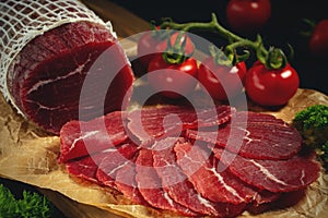 Whole and sliced bresaola on paper on a cutting board with tomatoes