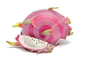 Whole and sliced dragon fruit or Pitaya isolated on white background.