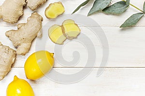 Whole and sliced fresh ginger roots, eucalyptus, lemon on white wooden background top view copy space. Seasoning, spice,