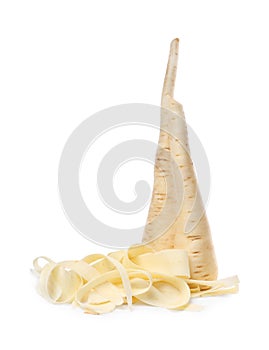 Whole and sliced fresh ripe parsnip on white background