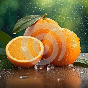 Whole and sliced orange fruit in water drops