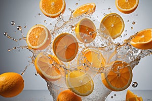 Whole and sliced oranges and lemons float, surrounded by splashes of water against a light background.
