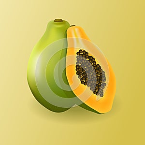 Whole and sliced papaya fruits, 3D realistic fruit. Vector illustration