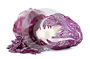 Whole and sliced red cabbage, isolated on white