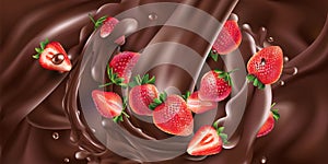 Whole and sliced strawberries in liquid chocolate.