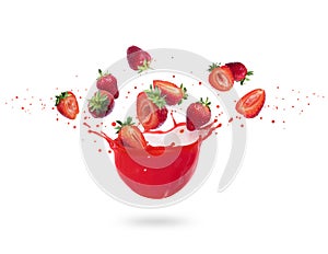 Whole and sliced strawberries with splashes of fresh juice, isolated on white background