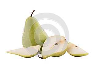 Whole and sliced sweet pear. Isolated on white background.