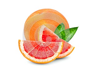 Whole and slices grapefruit with green leaves isolated on white