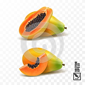 Whole and slices pieces papaya fruit, 3D realistic isolated vector, editable handmade mesh