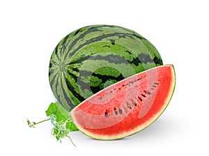 Whole and slices watermelon with green leaves isolated on white background, healthy fruit