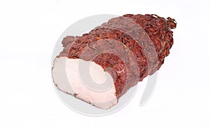 Whole smoked ham, isolated on white background. Polish cold cuts, a packshot photo for package design.