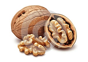 Whole and split walnuts on a white background isolated on white background