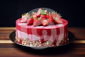 Whole strawberry cheesecake with a vibrant red glaze and fresh strawberries on top, on a black plate on a wooden table against