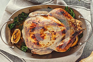 Whole stuffed and roasted turkey or chicken for a festive dinner