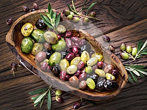 Whole table olives in the wooden bowl.