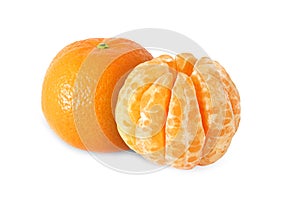 Whole tangerine fruits and peeled segments isolated