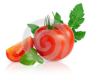 Whole tomato and slice with leaves isolated on white background with clipping path.