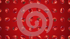 Whole tomatos spin and float arranged in a grid - on red background