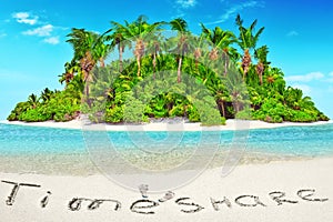 Whole tropical island within atoll in tropical Ocean and inscription 