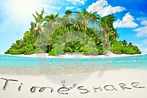 Whole tropical island within atoll in tropical Ocean and inscription 